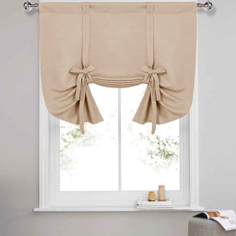 DWCN Blackout Curtains-Tie Up Shade for Window Thermal Insulated Room Darkening Rod Pocket Curtains for Kitchen, Beige, W42 X L45 Inches, 1 Panel - Image 1